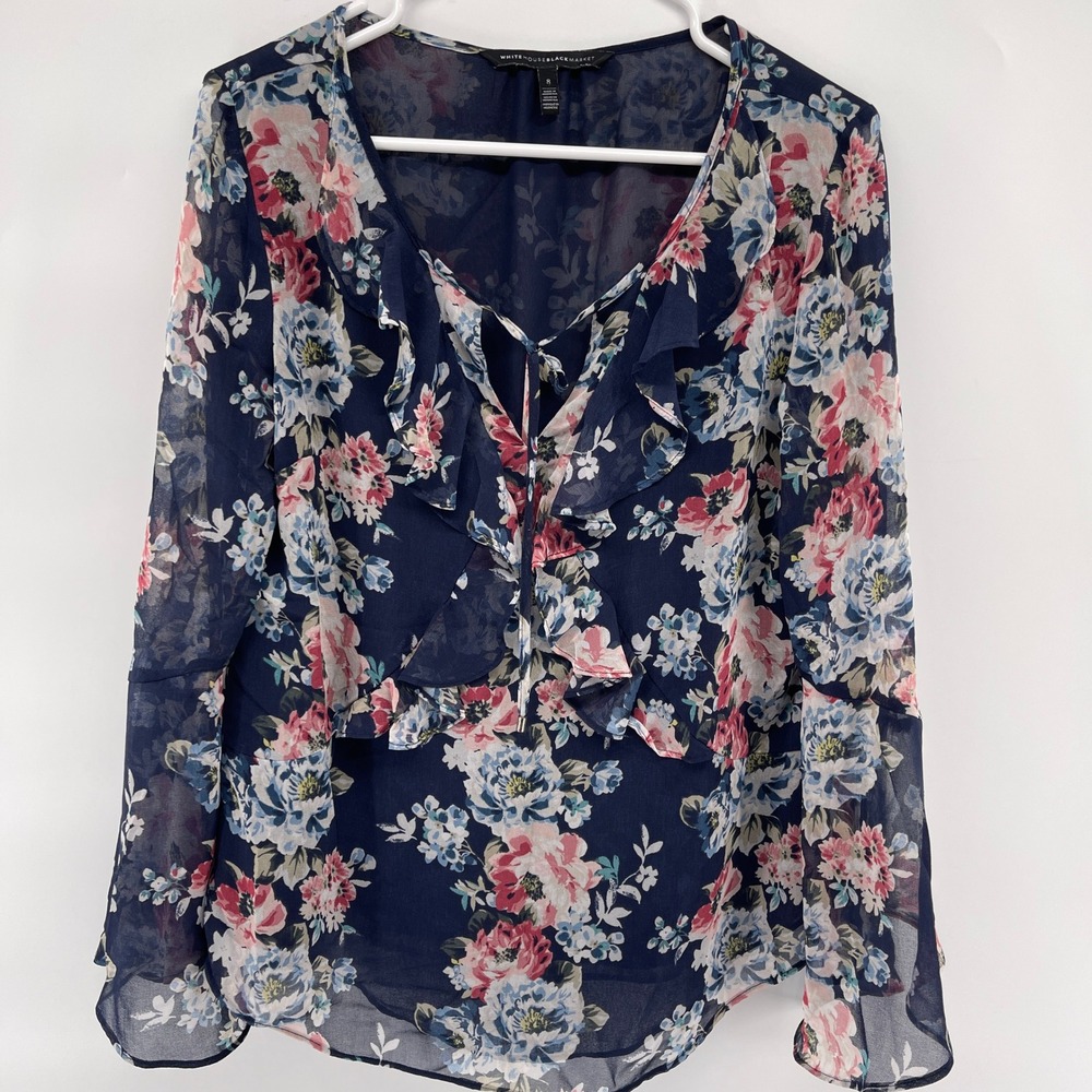 White House Black Market Floral Chiffon Ruffle Long Sleeve Blouse Top Size 8 - Picture 2 of 8